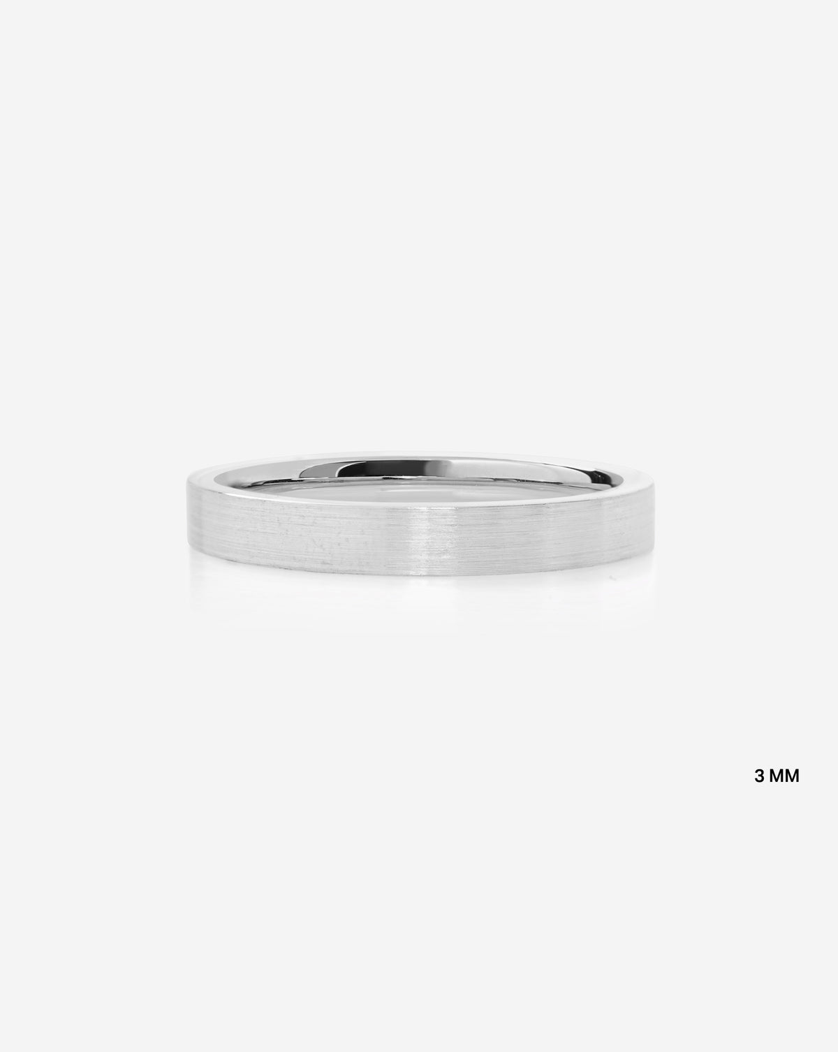 A minimalist 3mm brushed metal band ring in platinum, shown from front view on a clean white background with a subtle reflection.