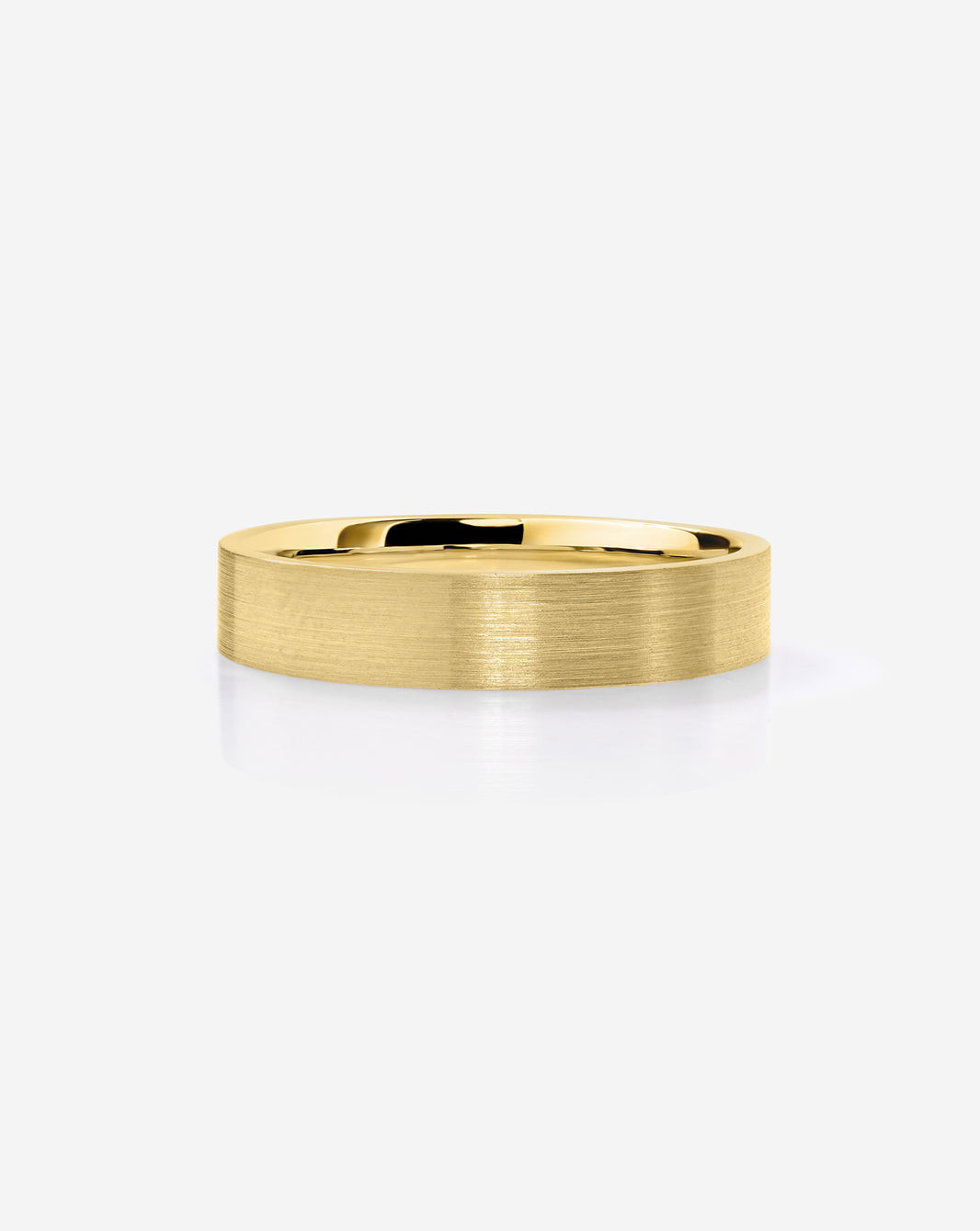 A minimalist 4mm brushed 14k yellow gold band ring with a polished inner surface, shown from a side profile on a clean white background.