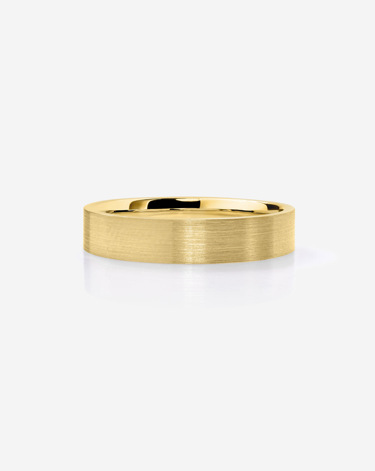 A minimalist 4mm brushed 14k yellow gold band ring with a polished inner surface, shown from a side profile on a clean white background.