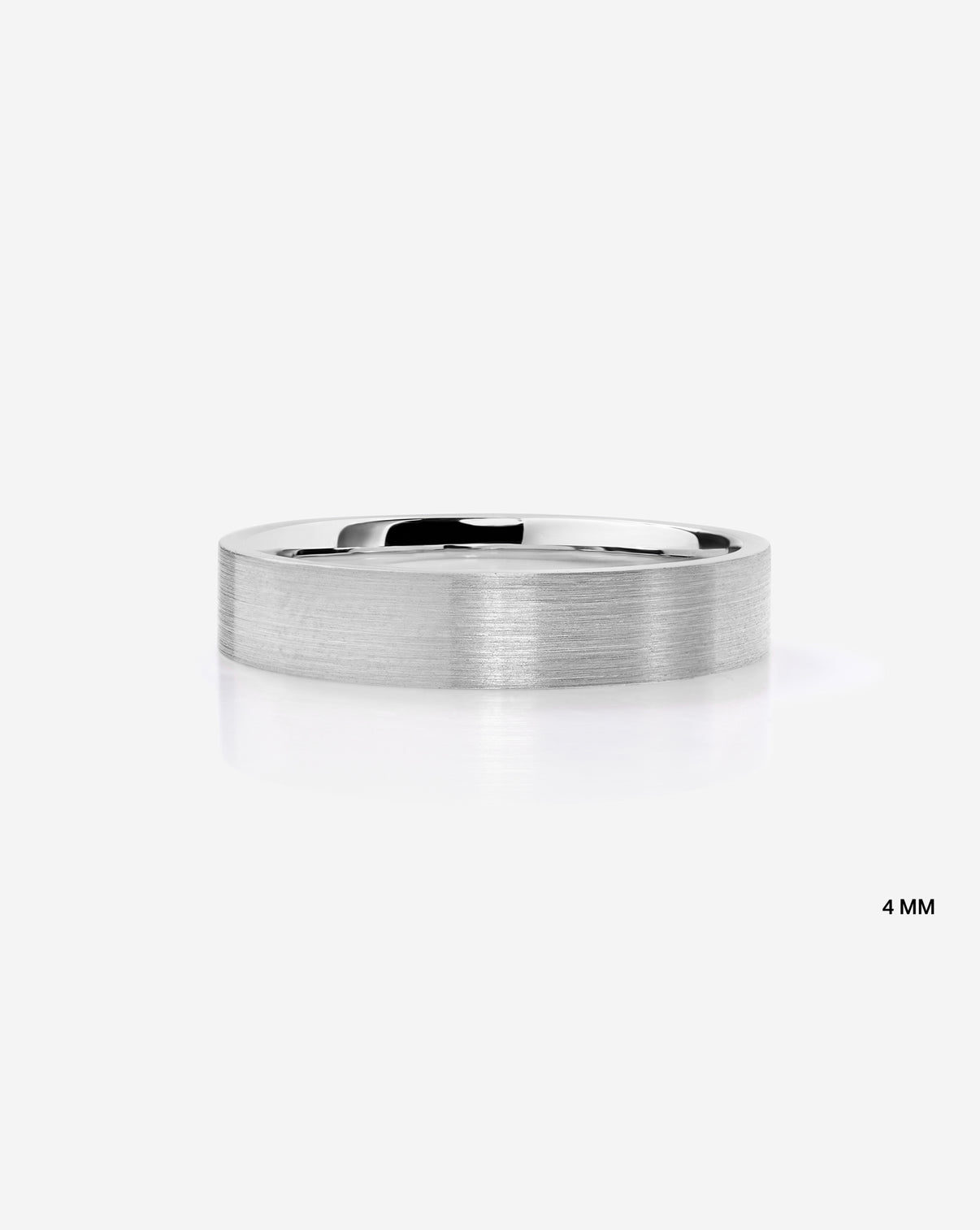 A minimalist 4mm brushed metal band ring in 14k white gold shown from a side profile on a clean white background with a subtle reflection.