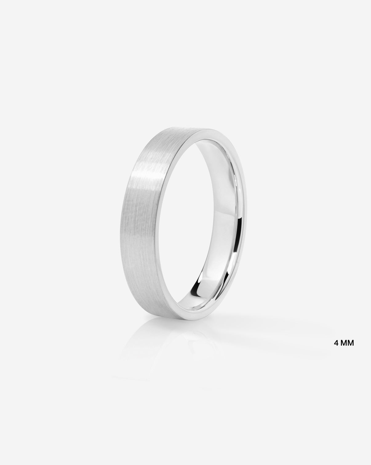 A minimalist 4mm 14k white gold band ring with a brushed satin finish, shown on a clean light gray background with a small '4 MM' text overlay in the bottom right.