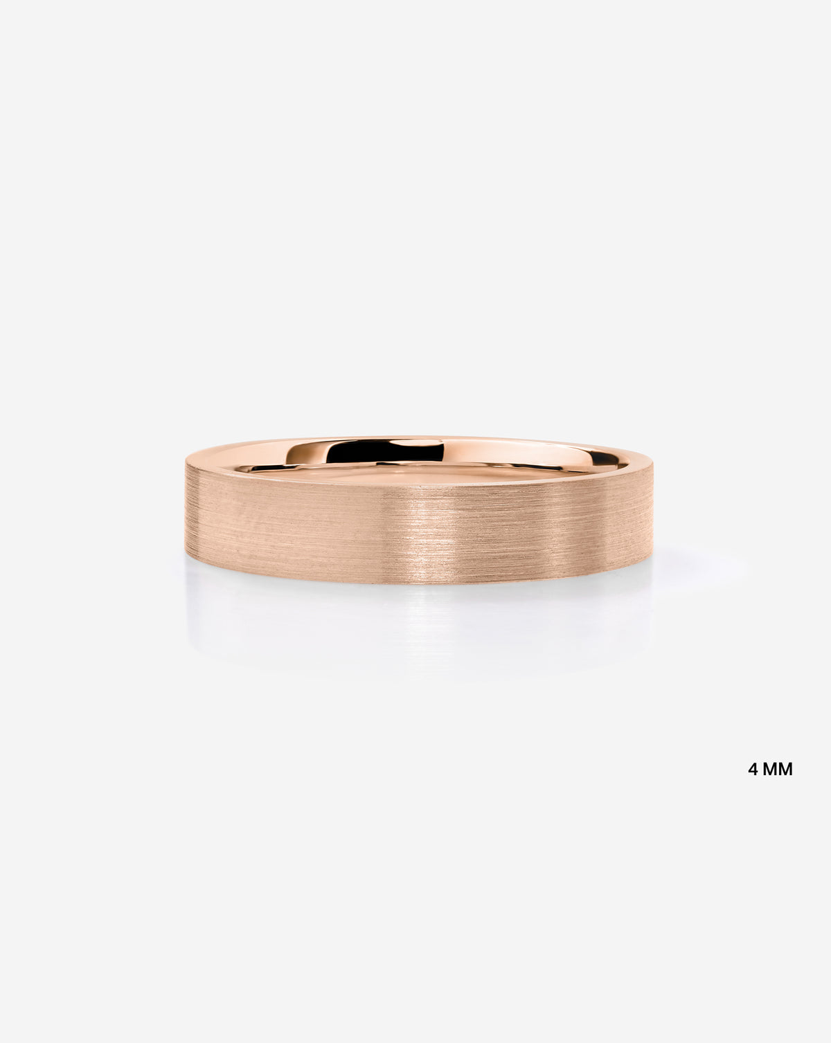 A minimalist 14k rose gold band ring with a satin finish shown on a light gray background with a small '4 MM' text overlay in the bottom right.
