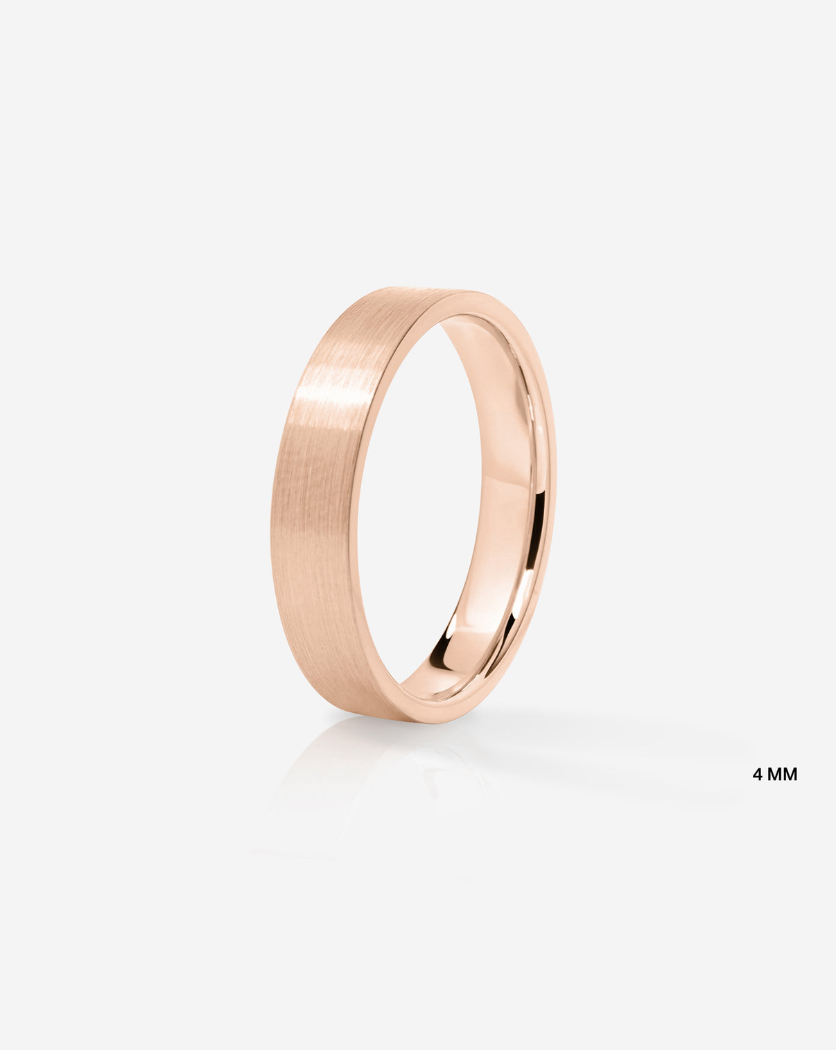 A minimalist 14k rose gold band ring with a satin finish side view shown on a light gray background with a small '4 MM' text overlay in the bottom right.