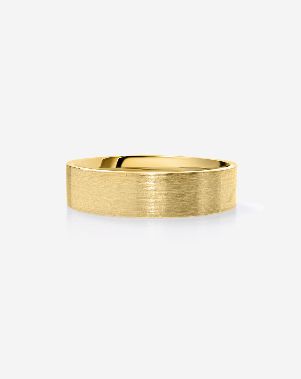 A 5mm brushed 14k yellow gold band ring with a polished inner surface, shown from a side profile on a clean white background.