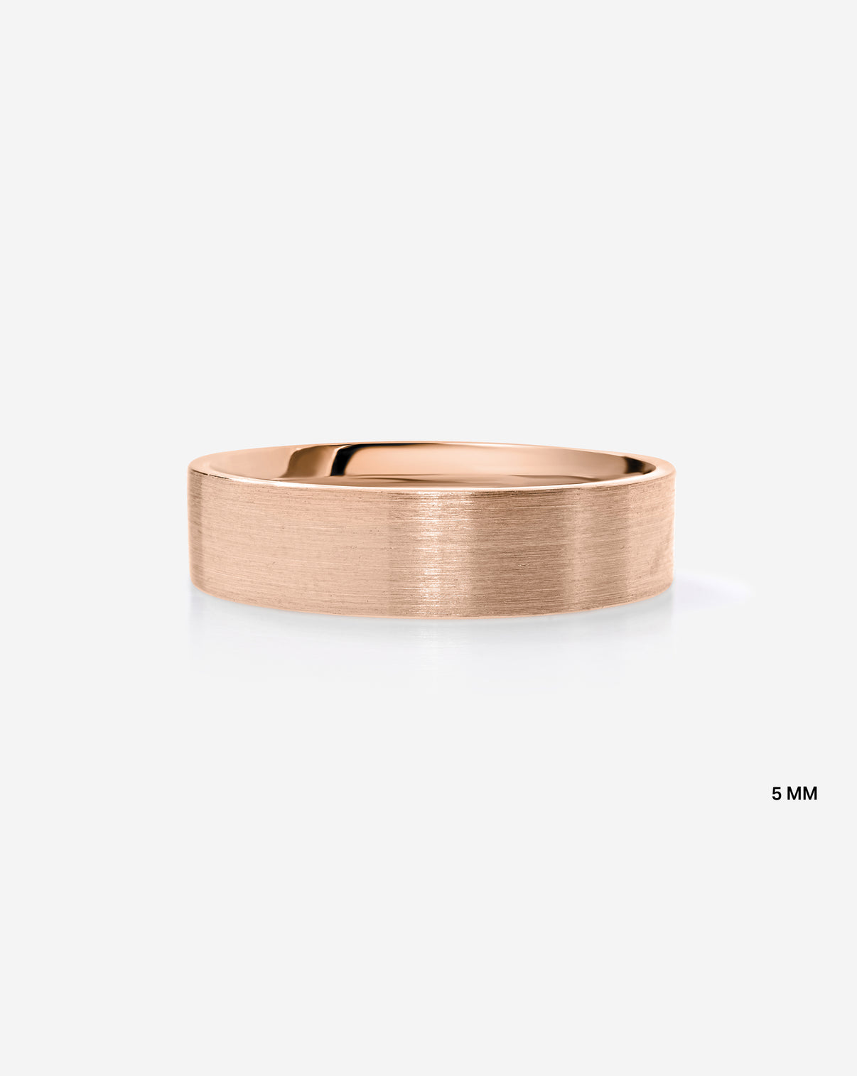 A 5mm minimalist 14k rose gold band ring with a satin finish shown on a light gray background with a small '5 MM' text overlay in the bottom right.
