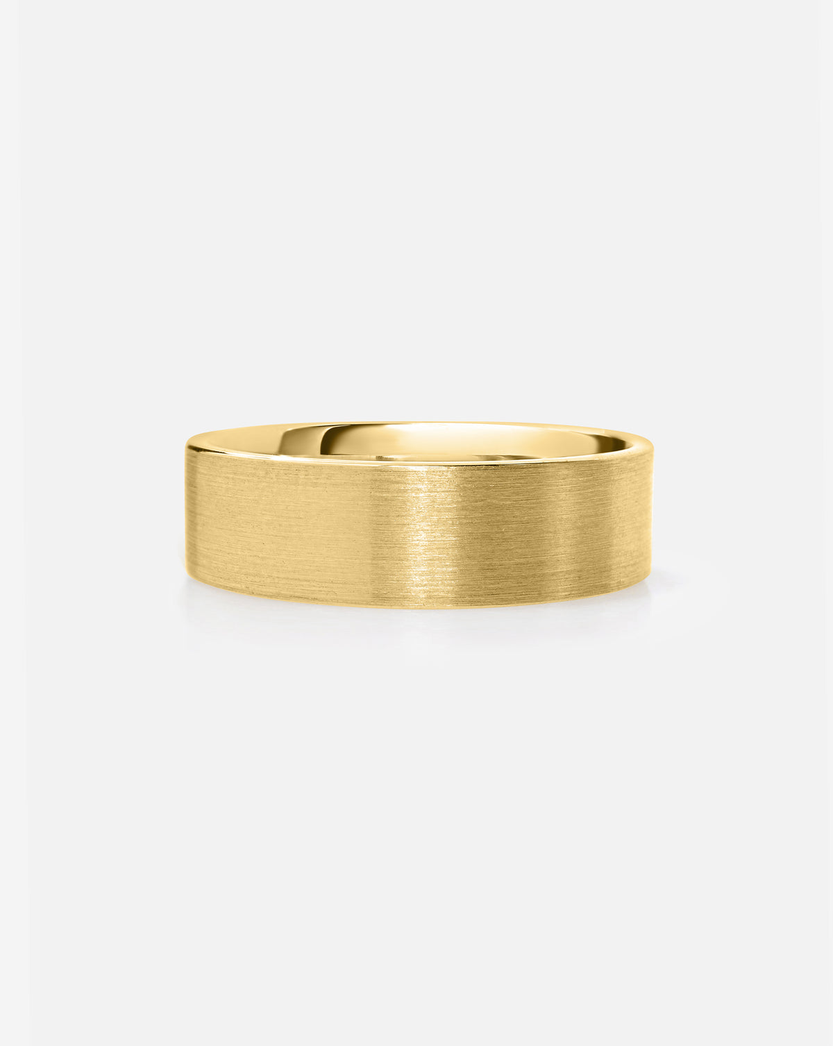A 6mm brushed 14k yellow gold band ring with a polished inner surface, shown from a side profile on a clean white background.