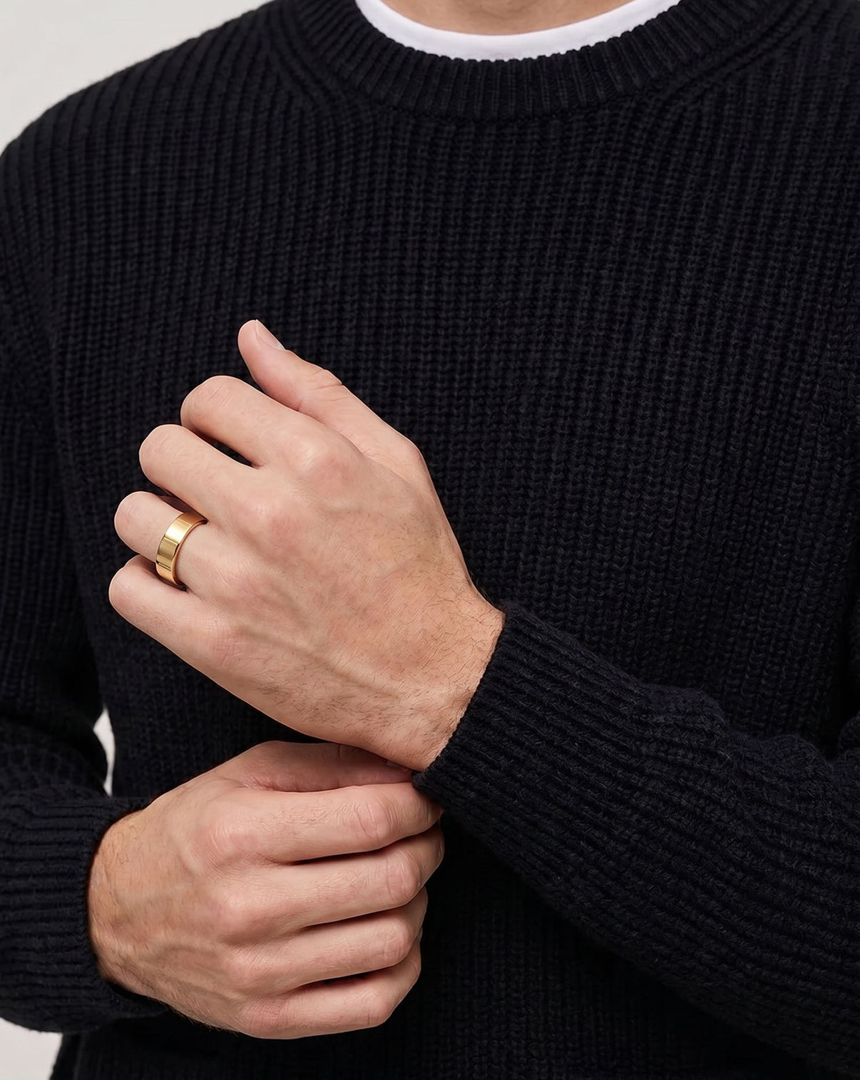 5mm flat wedding band on model 14k yellow gold global