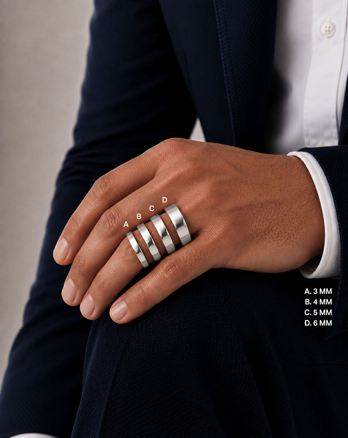 flat wedding band comparison shot on model global