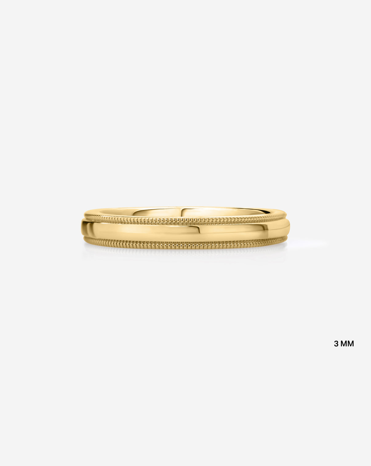 3mm 14k yellow gold milgrain comfort fit on white background labeled image