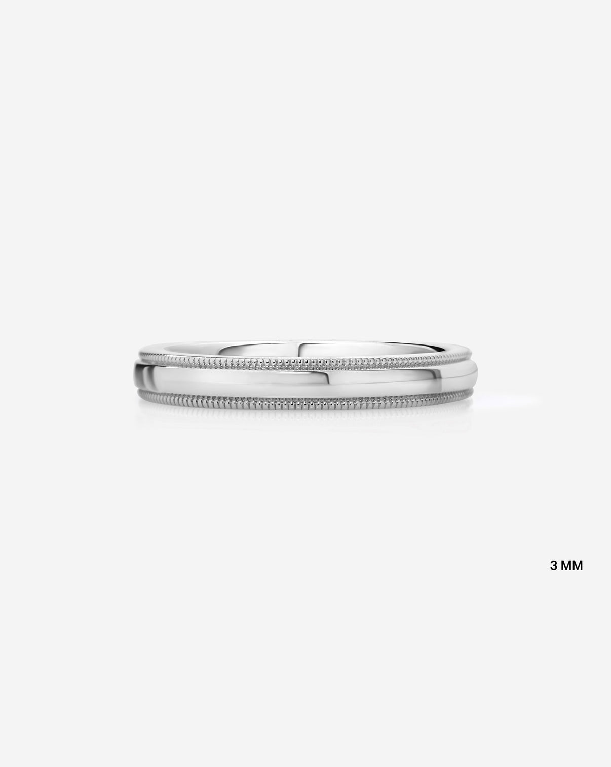 3mm 14k white gold milgrain comfort fit on white background labeled image