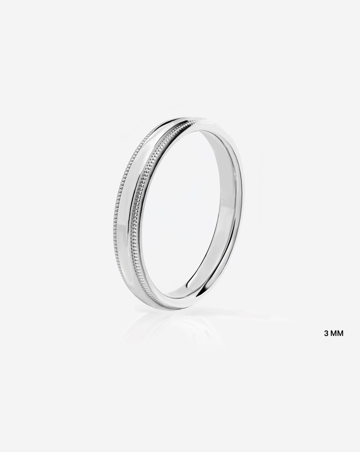 3mm 14k white gold milgrain comfort fit on white background side view