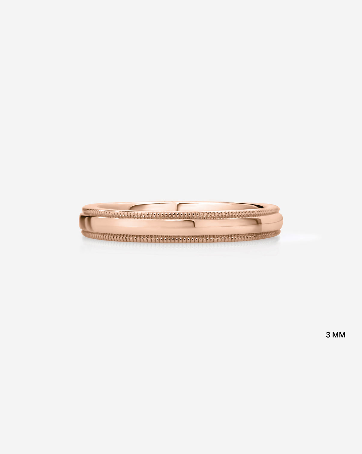 3mm 14k rose gold milgrain comfort fit on white background labeled image