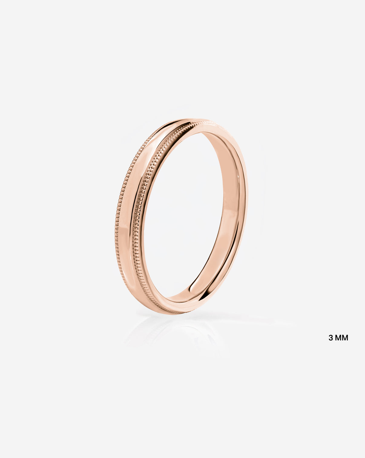 3mm 14k rose gold milgrain comfort fit on white background side view