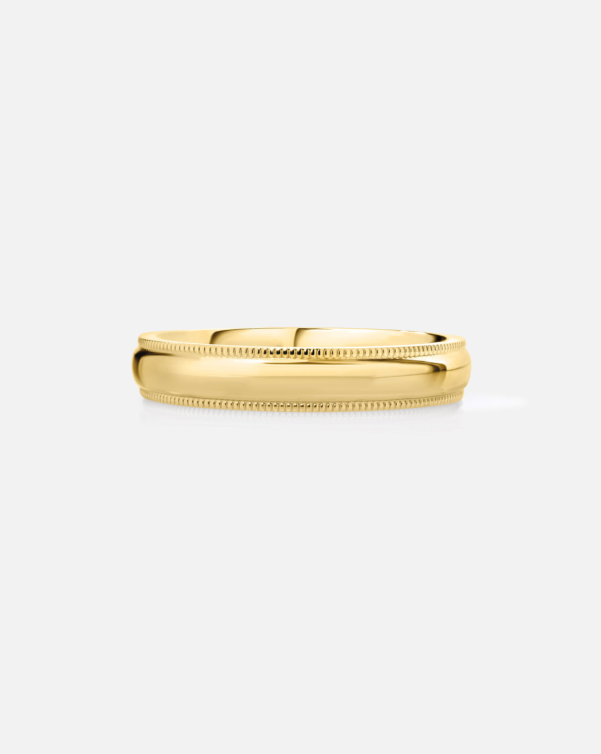 4mm 14k yellow gold milgrain comfort fit on white background