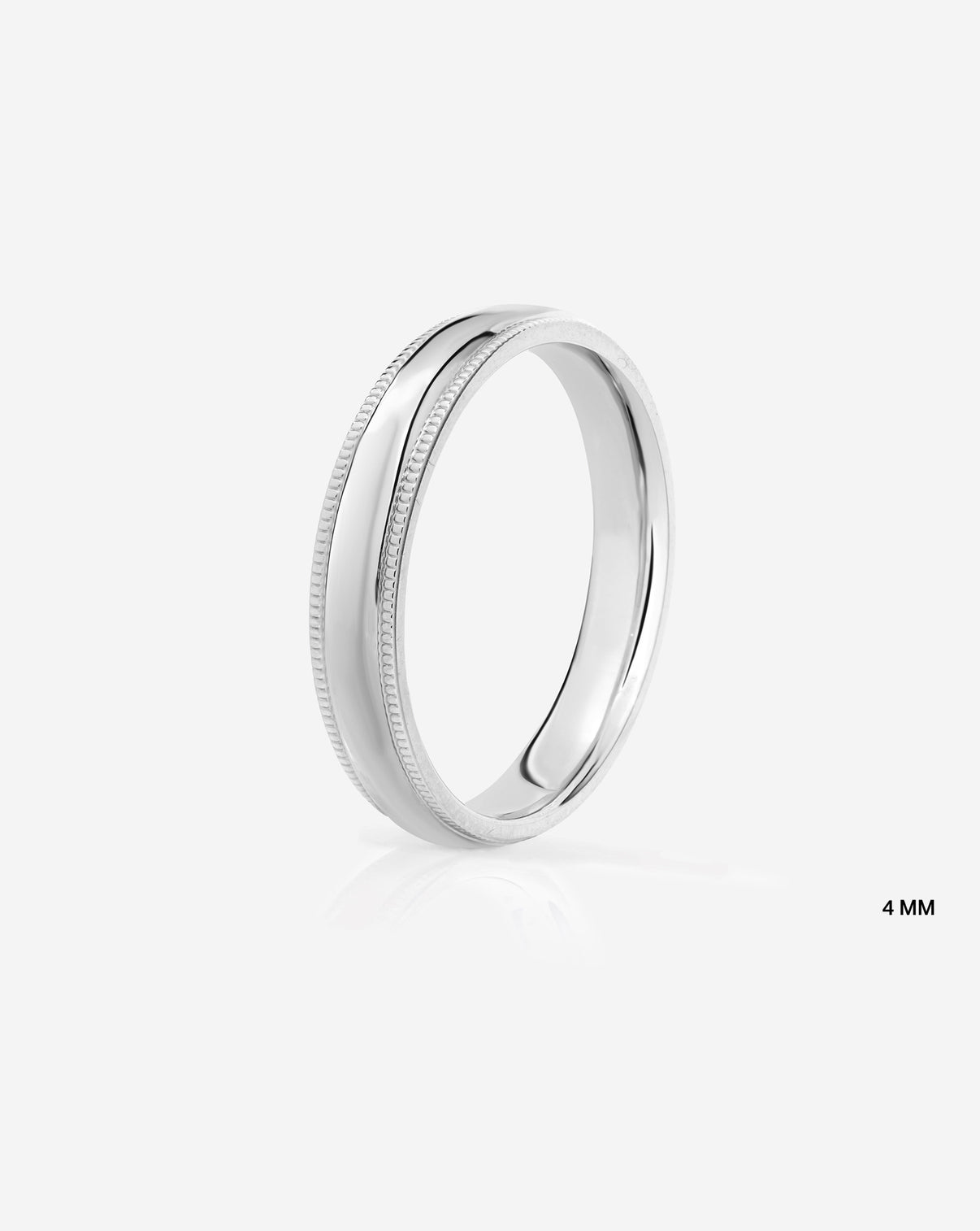 4mm 14k white gold milgrain comfort fit on white background side view