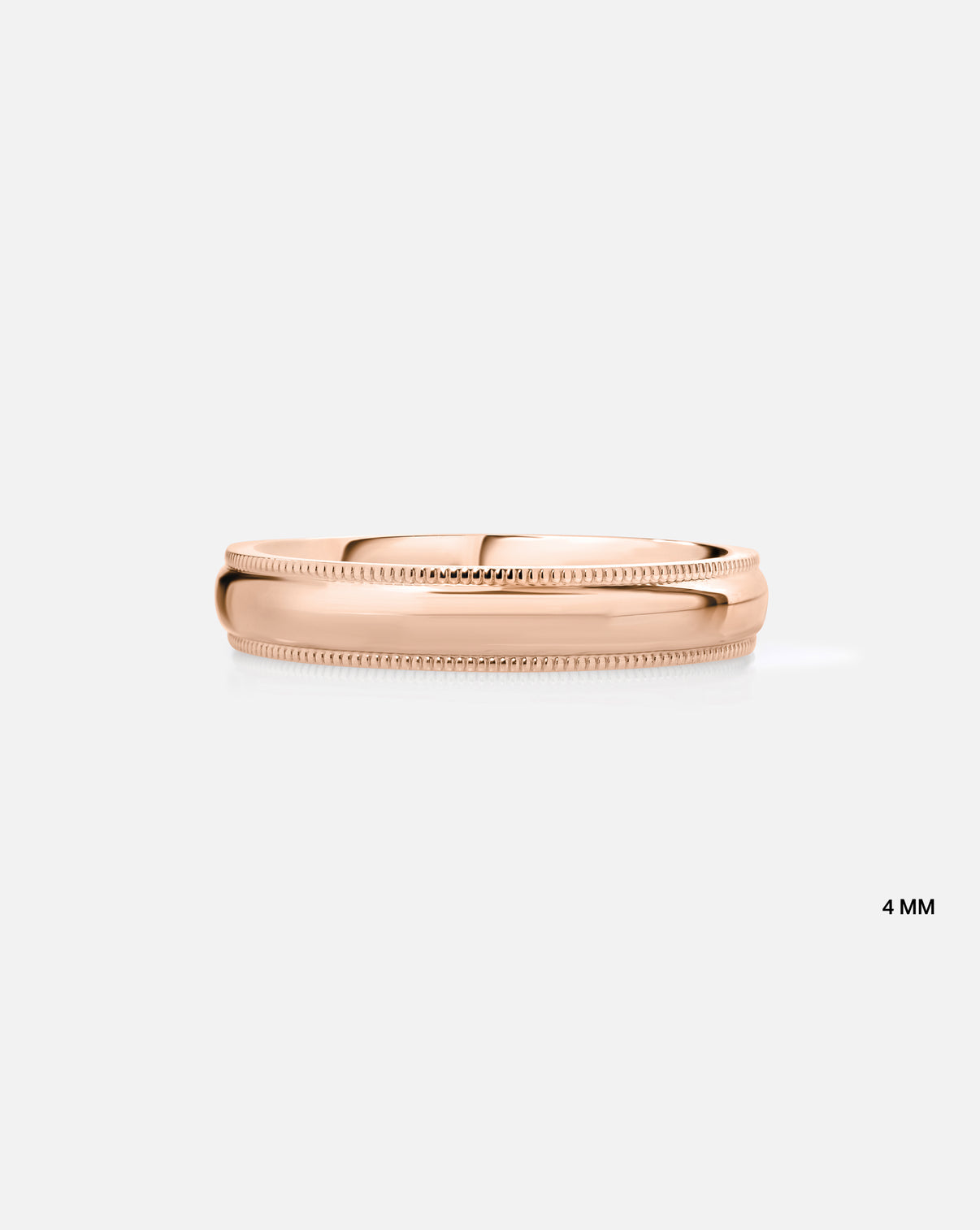 4mm 14k rose gold milgrain comfort fit on white background labeled image