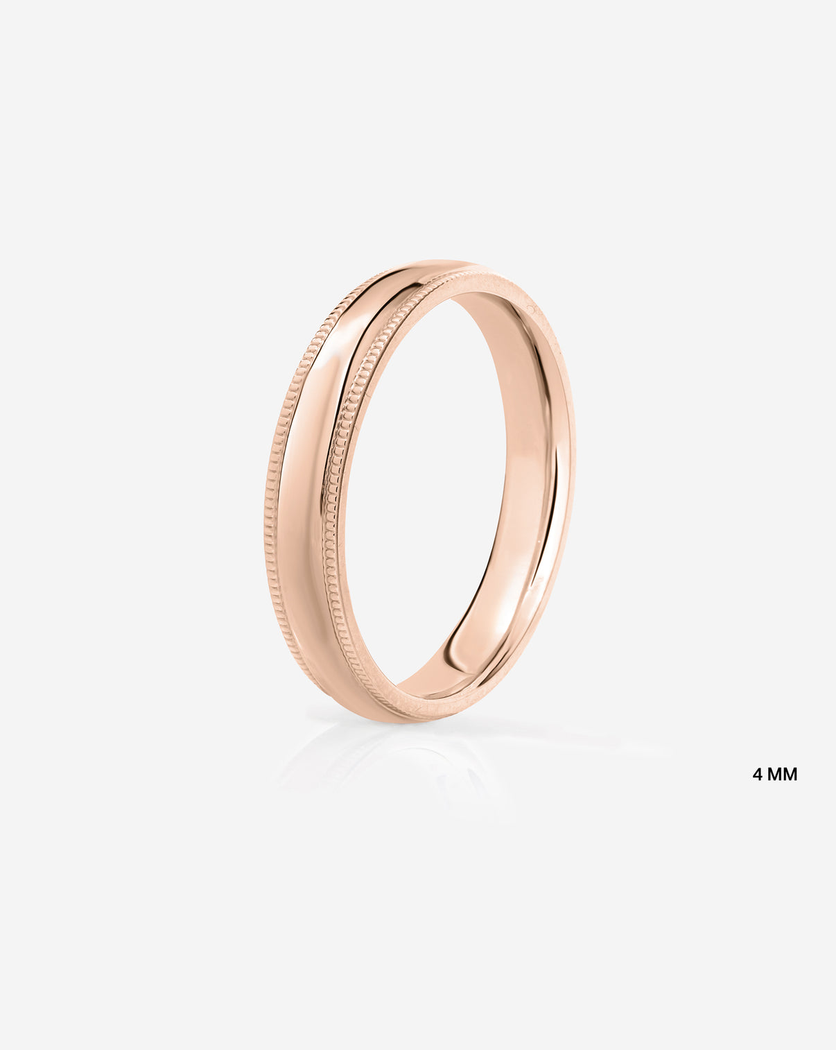 4mm 14k rose gold milgrain comfort fit on white background side view