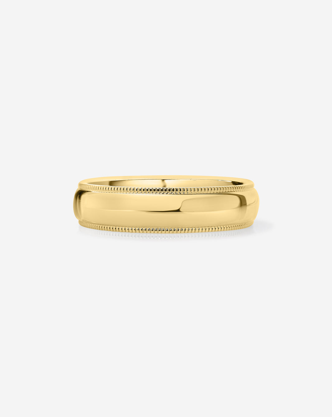 5mm 14k yellow gold milgrain comfort fit on white background