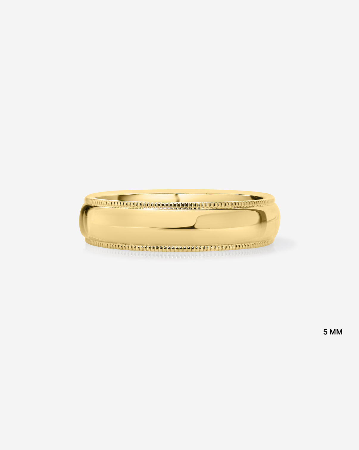 5mm 14k yellow gold milgrain comfort fit on white background labeled image