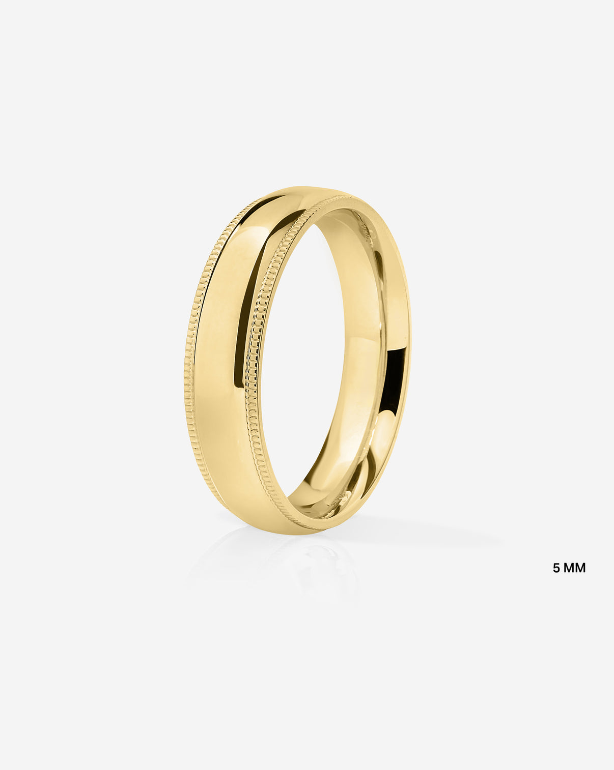 5mm 14k yellow gold milgrain comfort fit on white background side view