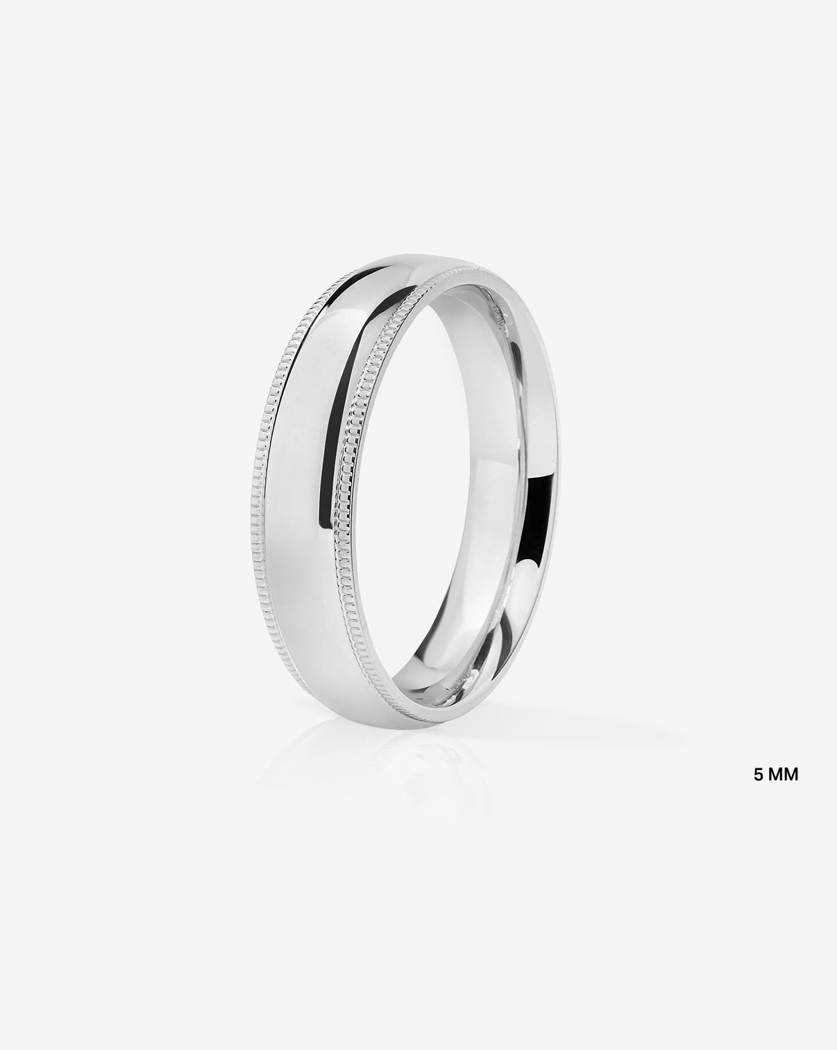 5mm 14k white gold milgrain comfort fit on white background side view