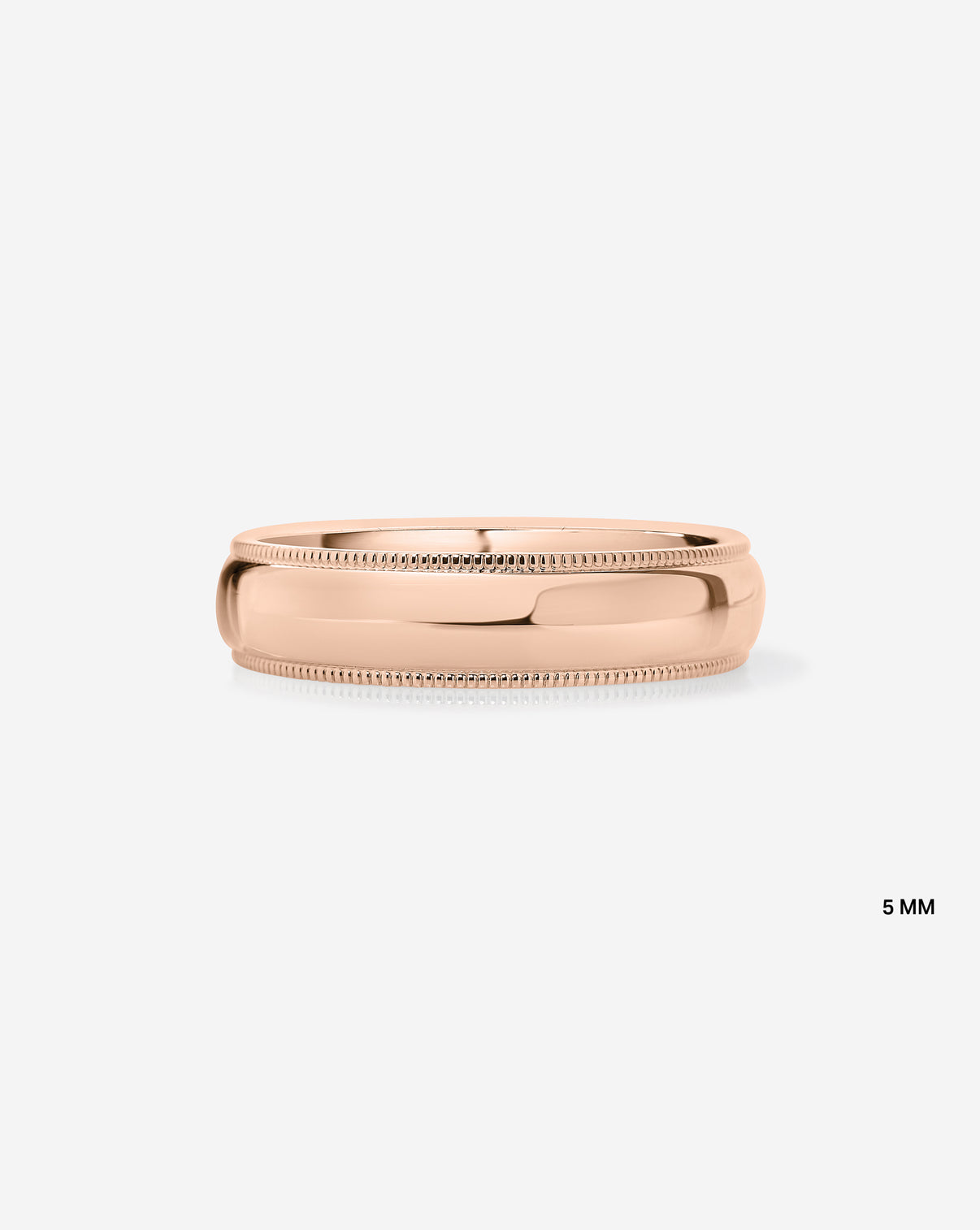 5mm 14k rose gold milgrain comfort fit on white background labeled image