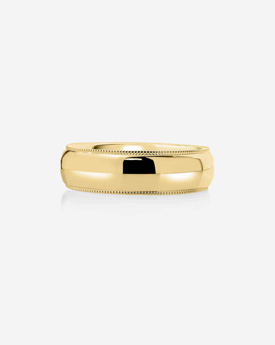 6mm 14k yellow gold milgrain comfort fit on white background