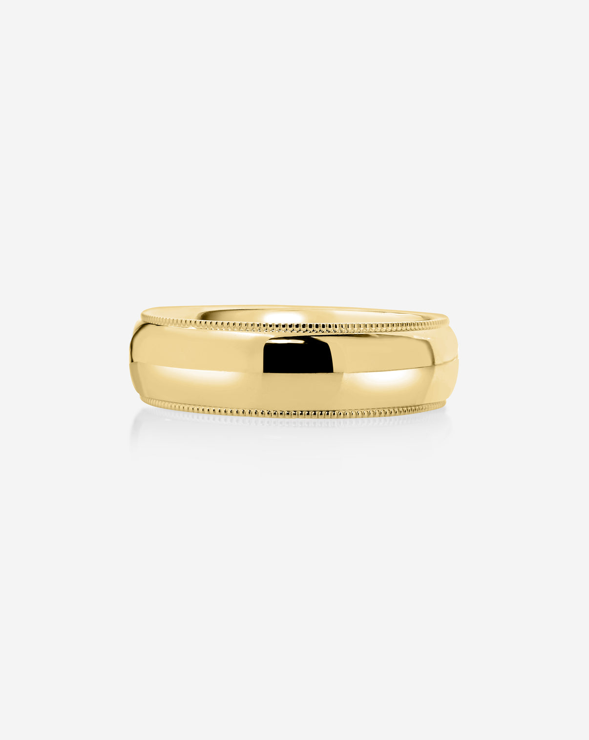 6mm 14k yellow gold milgrain comfort fit on white background