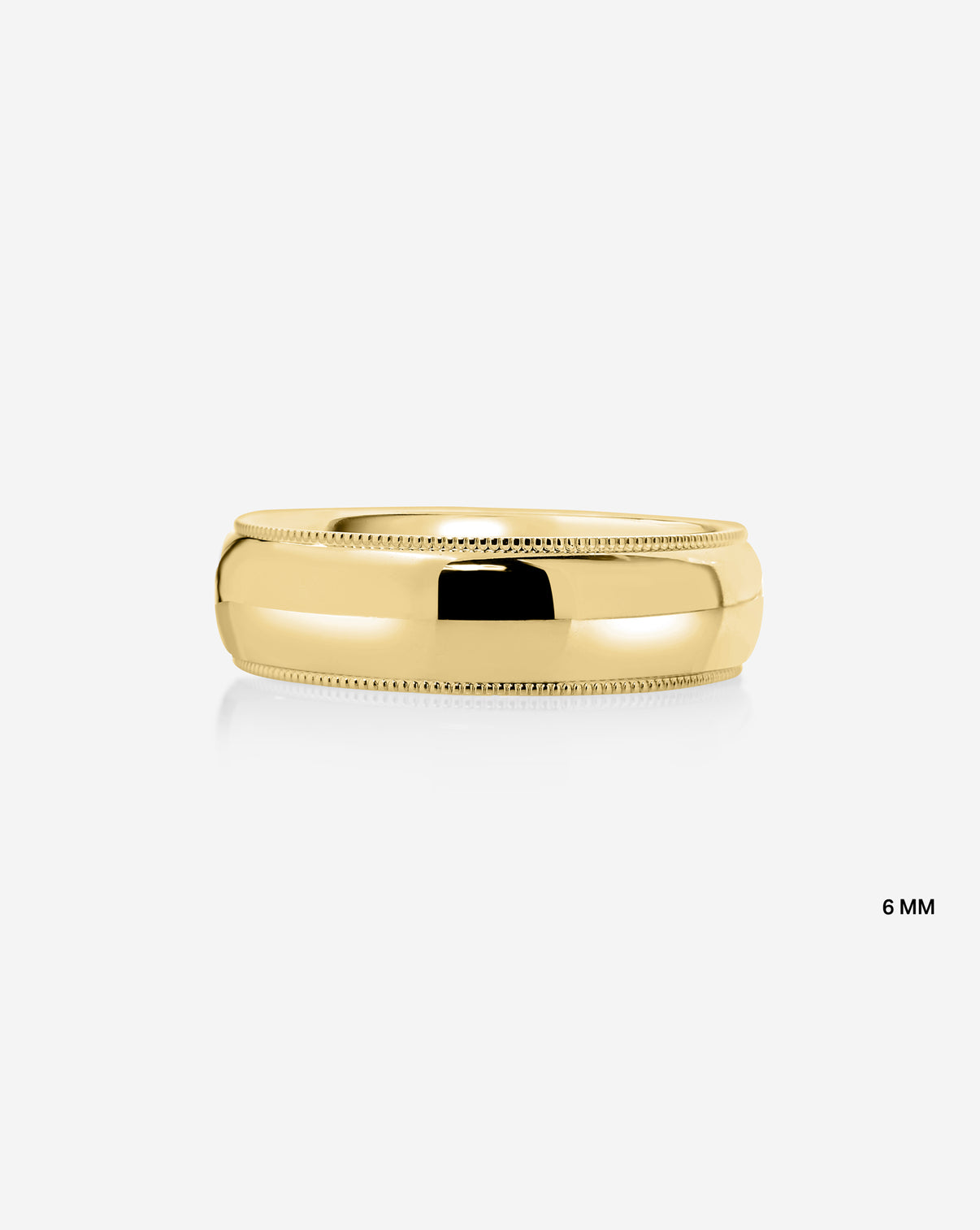 6mm 14k yellow gold milgrain comfort fit on white background labeled image