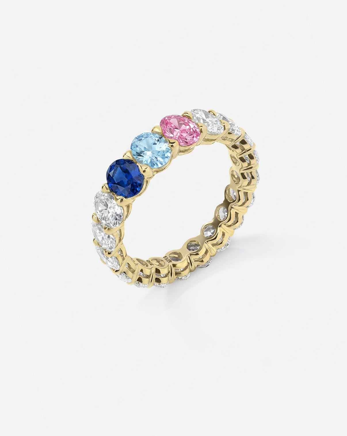 Oval Diamond and Birthstone Eternity Band 14k yellow gold with 3 birthstones side view