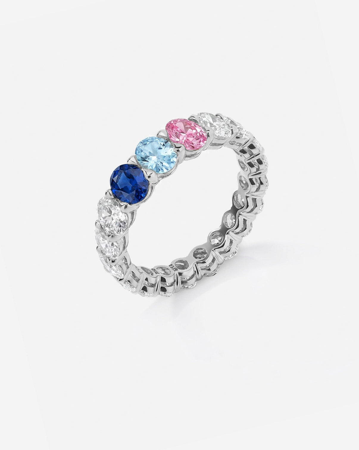 Oval Diamond and Birthstone Eternity Band platinum with 3 birthstones side view