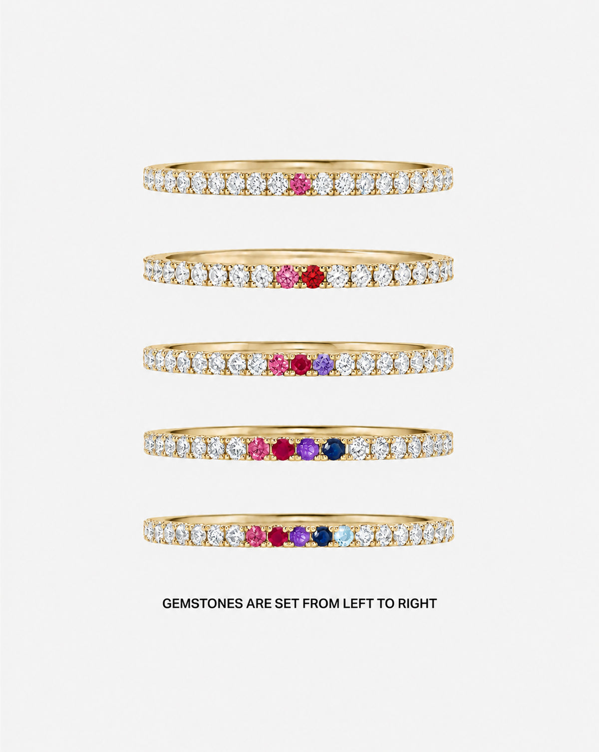 Five 1.3 mm Personalized Perfect Pavé Diamond Ring arranged vertically on a light gray background showing different stone count combinations 14k yellow gold
