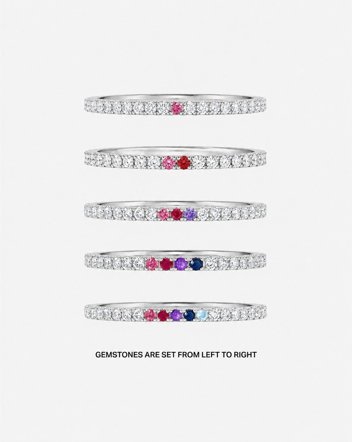 Five 1.3 mm Personalized Perfect Pavé Diamond Ring arranged vertically on a light gray background showing different stone count combinations
