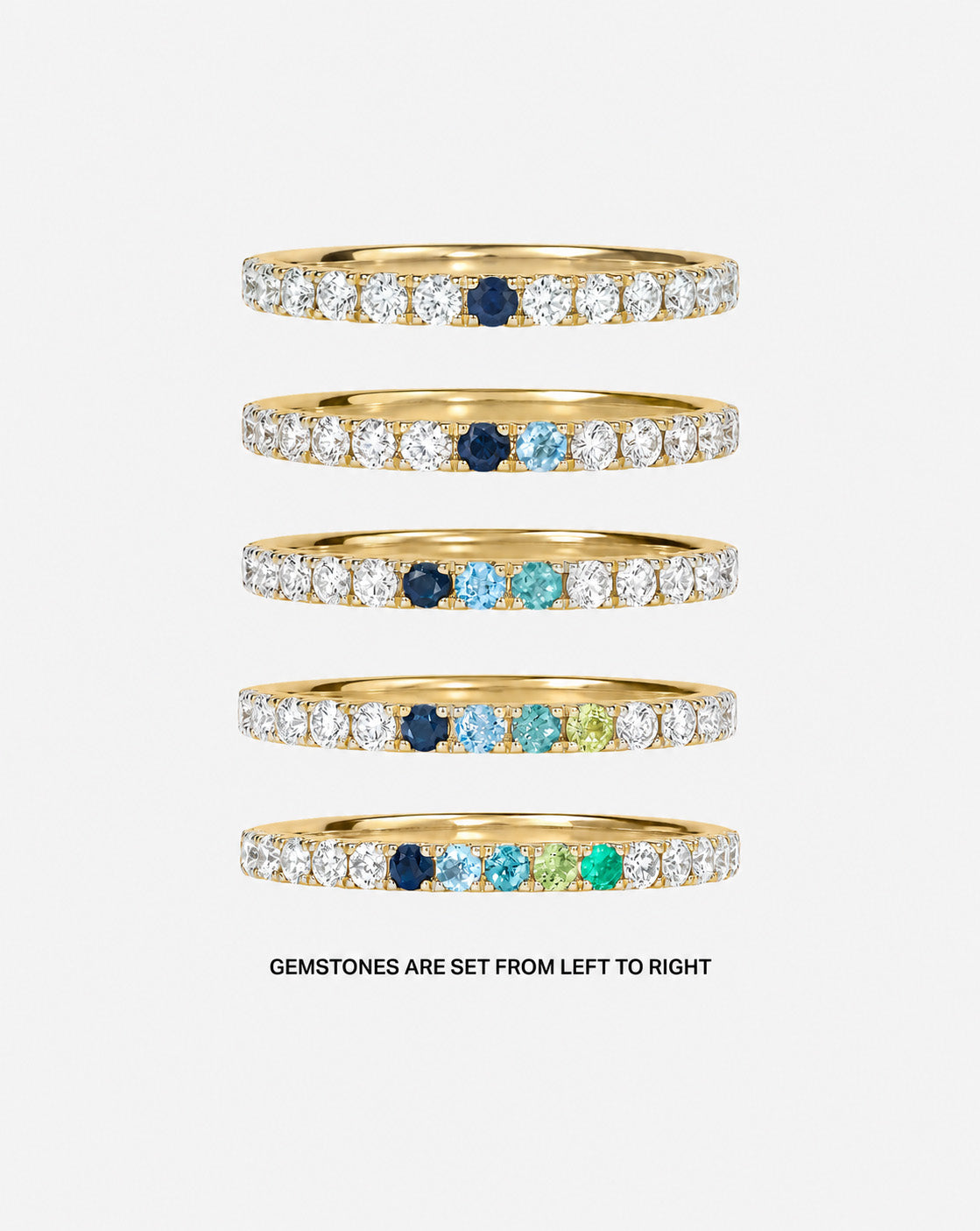 Five 1.9 mm Personalized Perfect Pavé Diamond Ring arranged vertically on a light gray background showing different stone count combinations 14k yellow gold