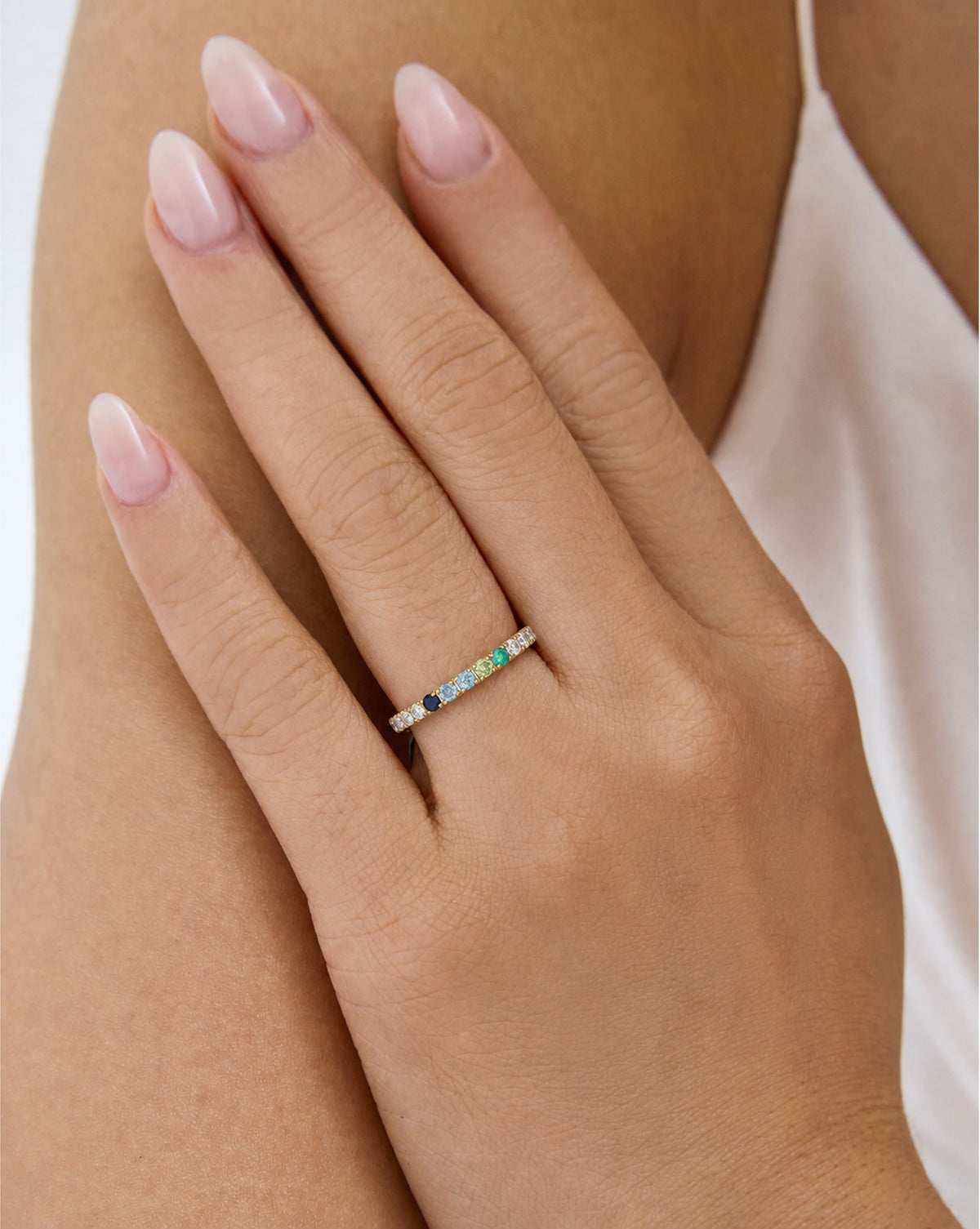 Model wearing 1.9 mm perfect pave with 5 gemstones global