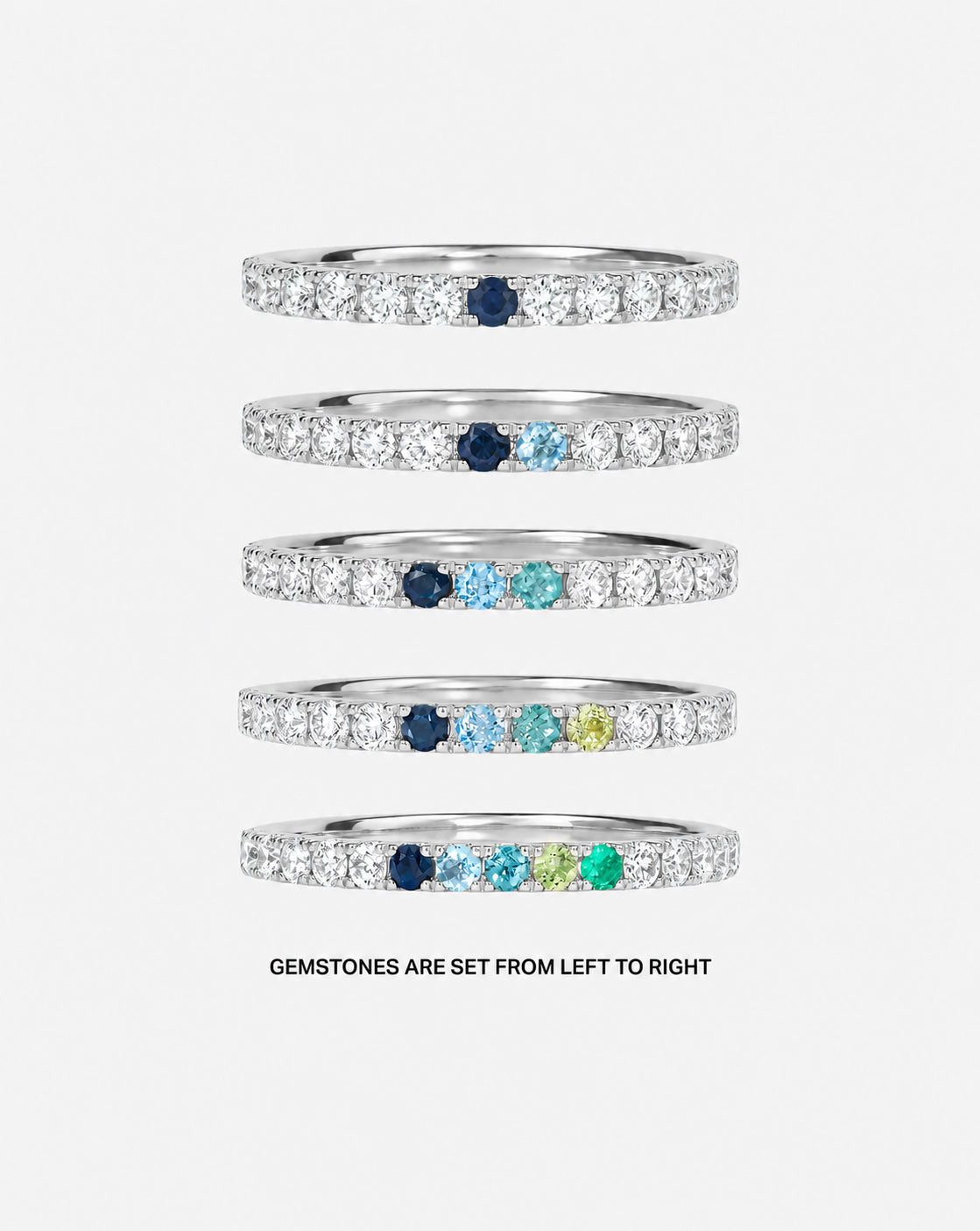Five 1.9 mm Personalized Perfect Pavé Diamond Ring arranged vertically on a light gray background showing different stone count combinations 14k white gold platinum