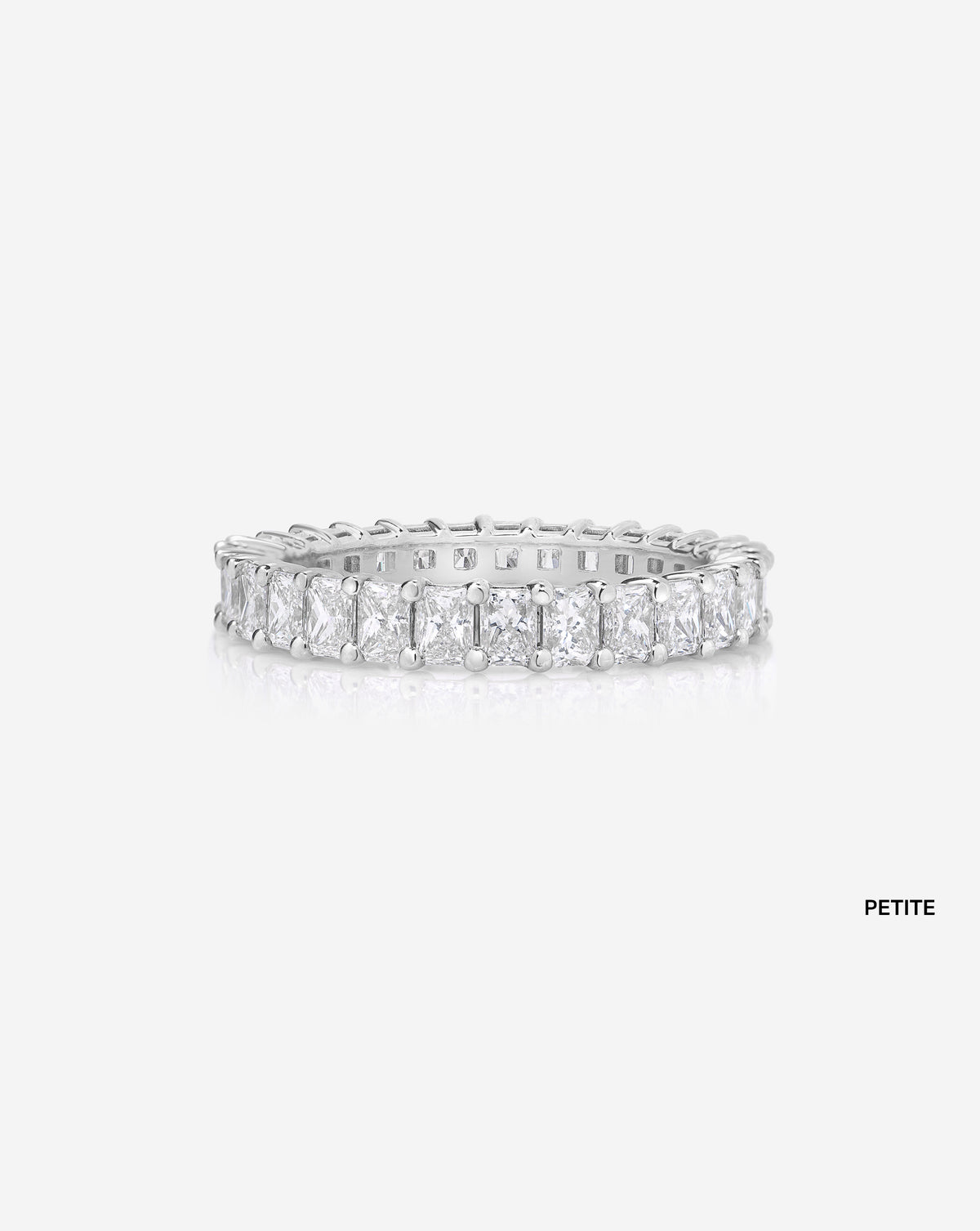 petite radiant eternity band on white background Platinum