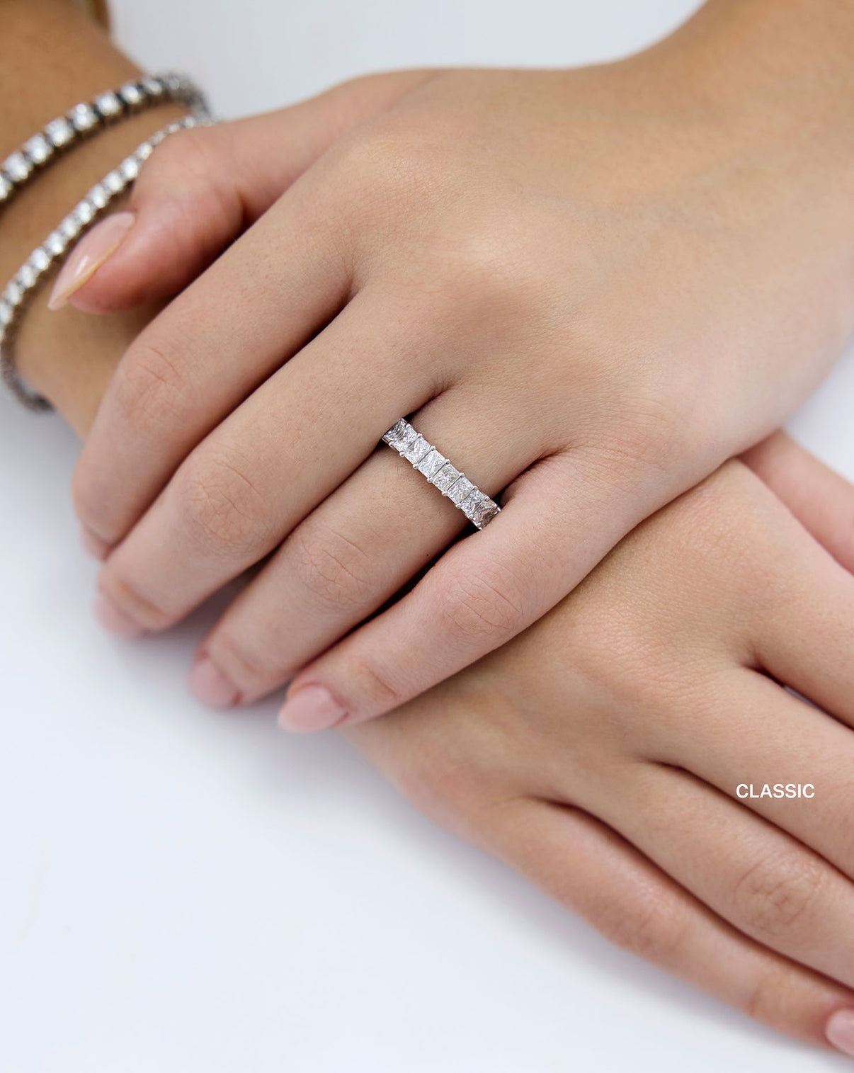 classic radiant 3/4 wedding band on-model global