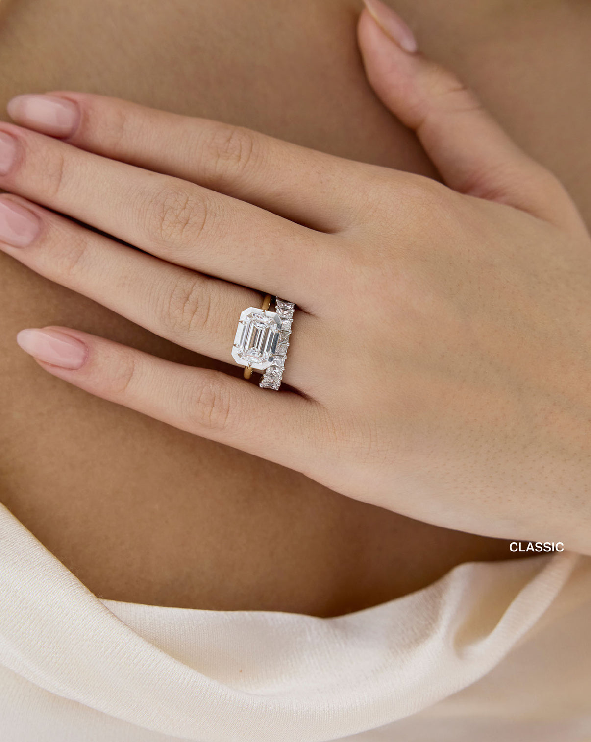 classic radiant 3/4 wedding band on-model with engagement ring global