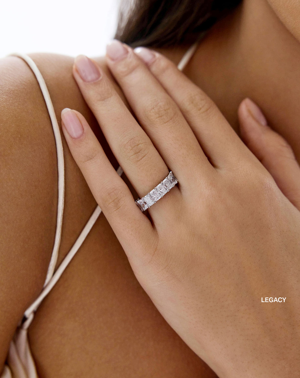 legacy radiant 3/4 wedding band on-model global