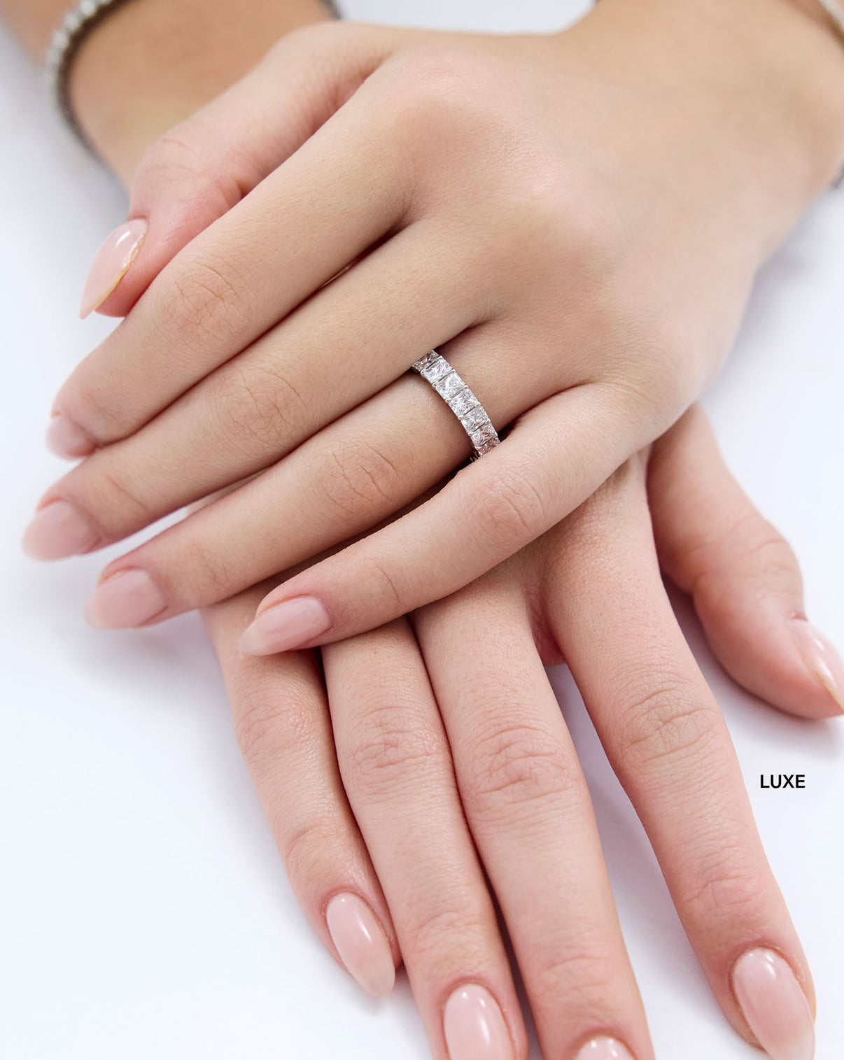 luxe radiant 3/4 wedding band on-model global