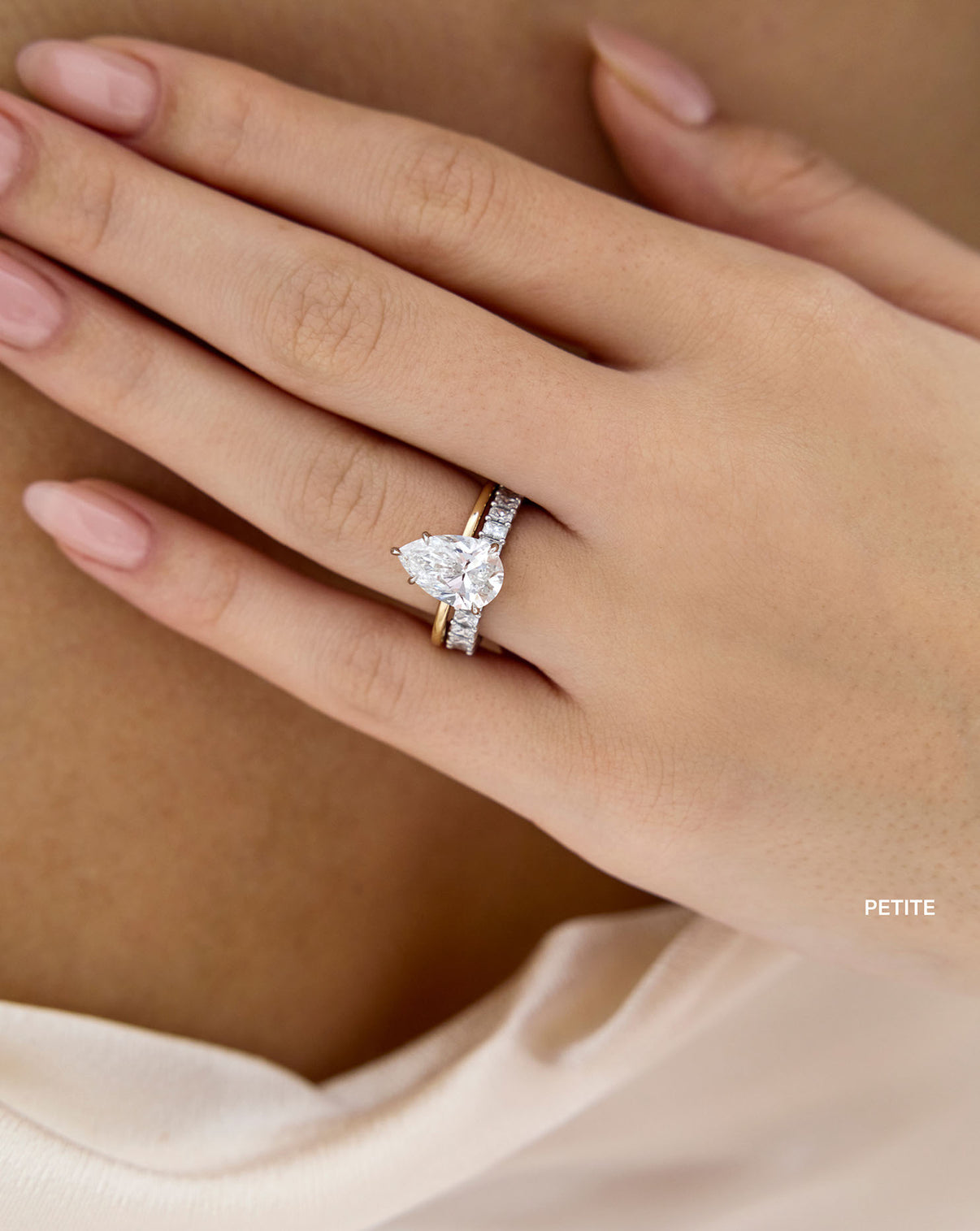 petite radiant 3/4 wedding band on-model with engagement ring global