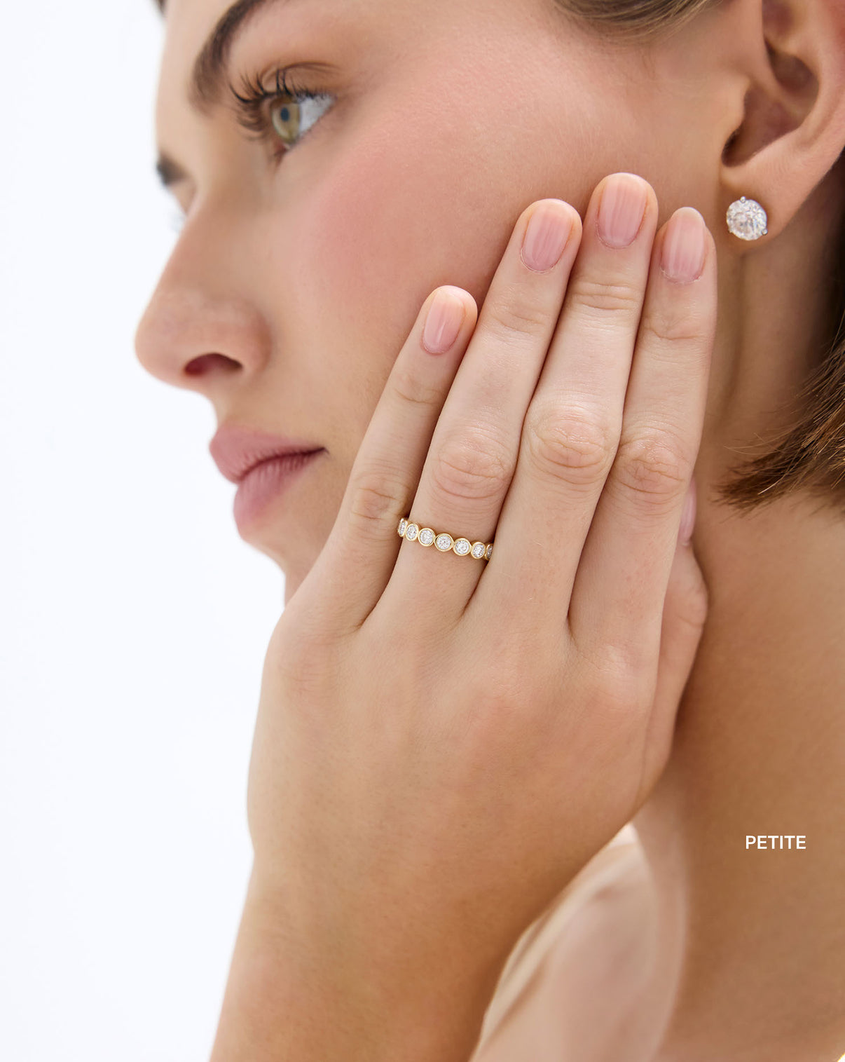 3/4 round bezel lab diamond wedding band petite on model yellow gold global