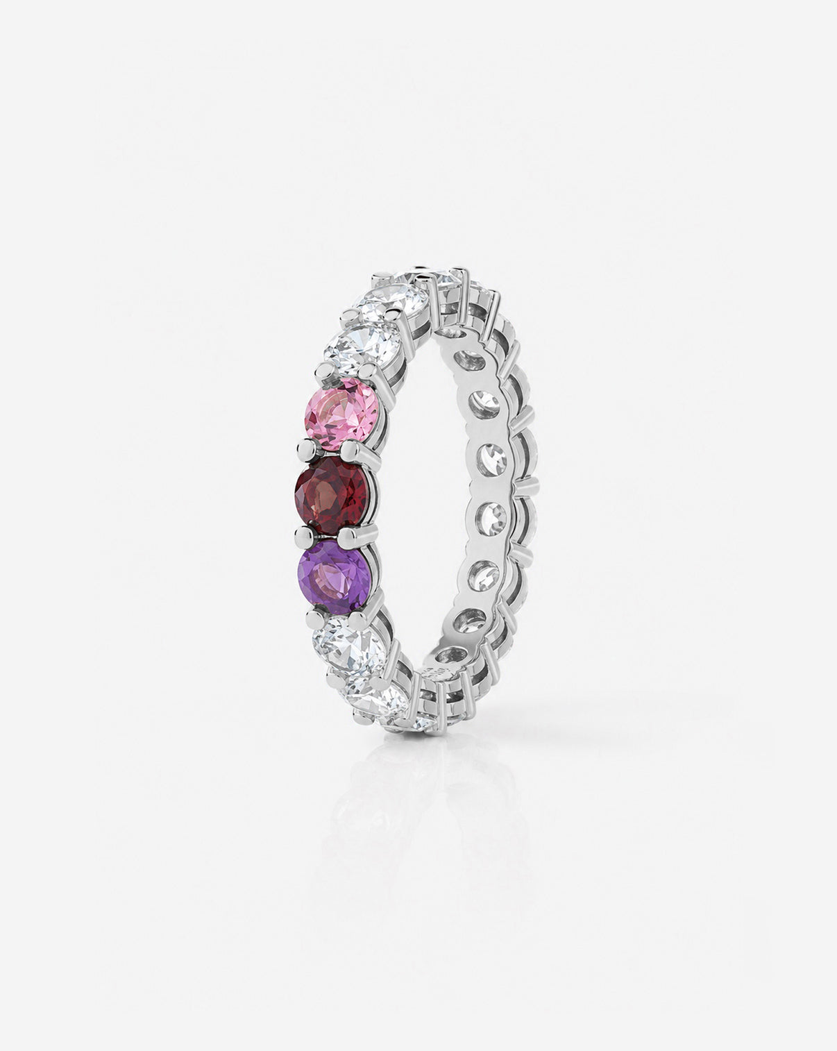 Round Diamond and Birthstone Eternity Band platinum with 3 birthstones side view