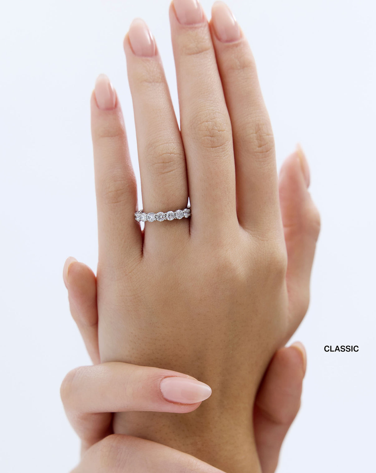 Round 3/4 Lab Diamond Band Classic shown styled alone on model global
