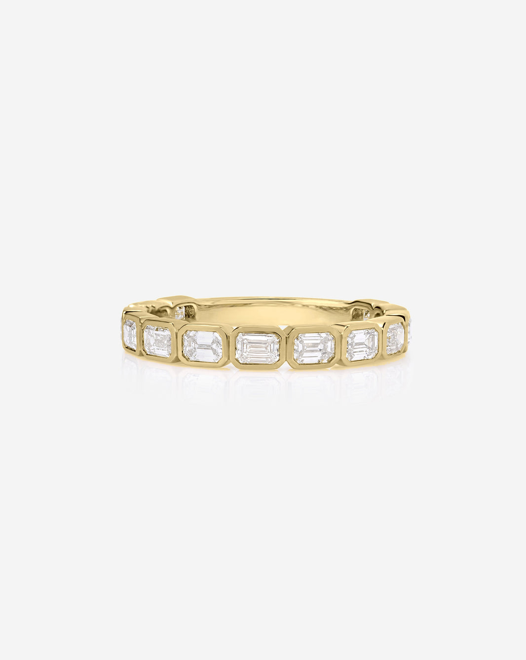 Sideways Emerald Bezel Eternity Band with 3/4 diamond coverage in 14k Yellow Gold