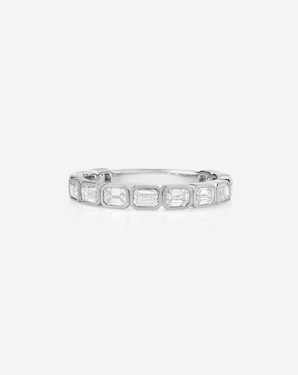 Sideways Emerald Bezel Eternity Band with 3/4 diamond coverage in Platinum