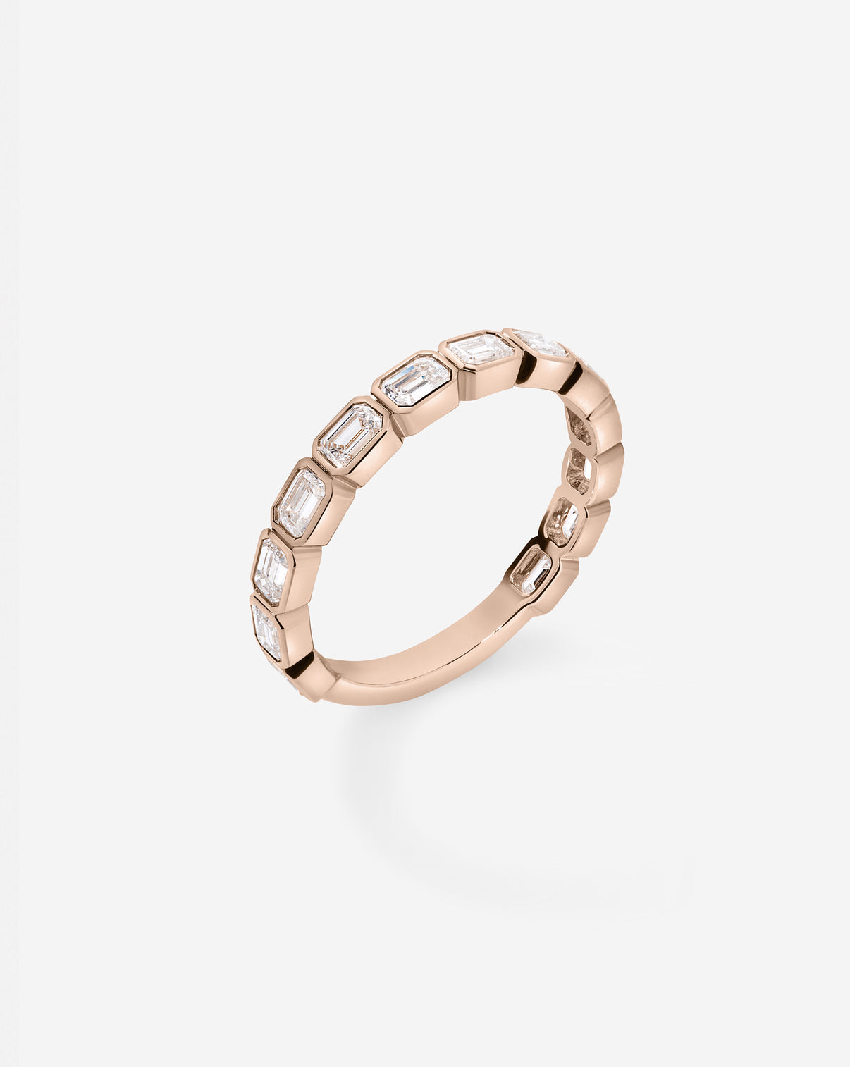 Sideways Emerald Bezel Eternity Band with 3/4 diamond coverage in14k Rose Gold side view
