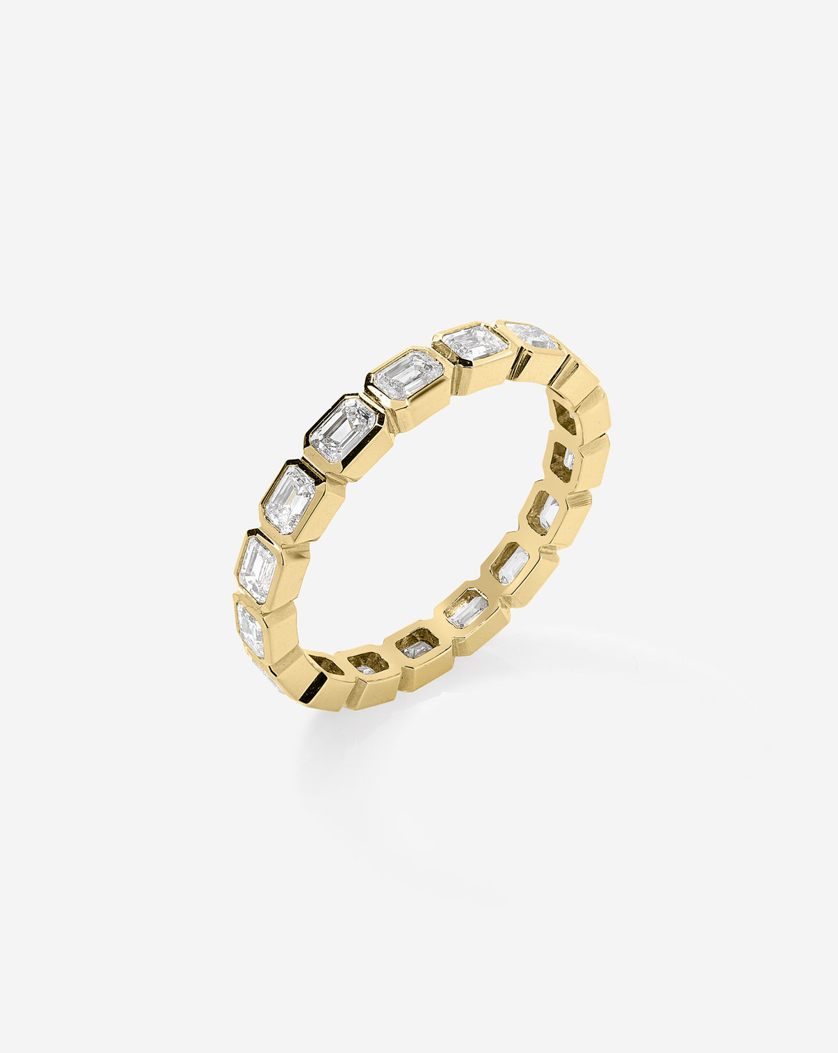 Bridal Wedding Bands 14k Yellow Gold Sideways Mini Emerald Bezel Eternity Band side view