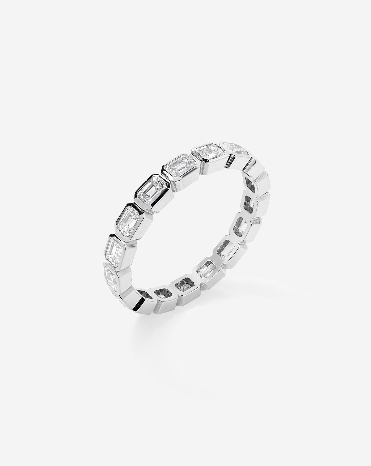 Bridal Wedding Bands platinum Sideways Mini Emerald Bezel Eternity Band side view